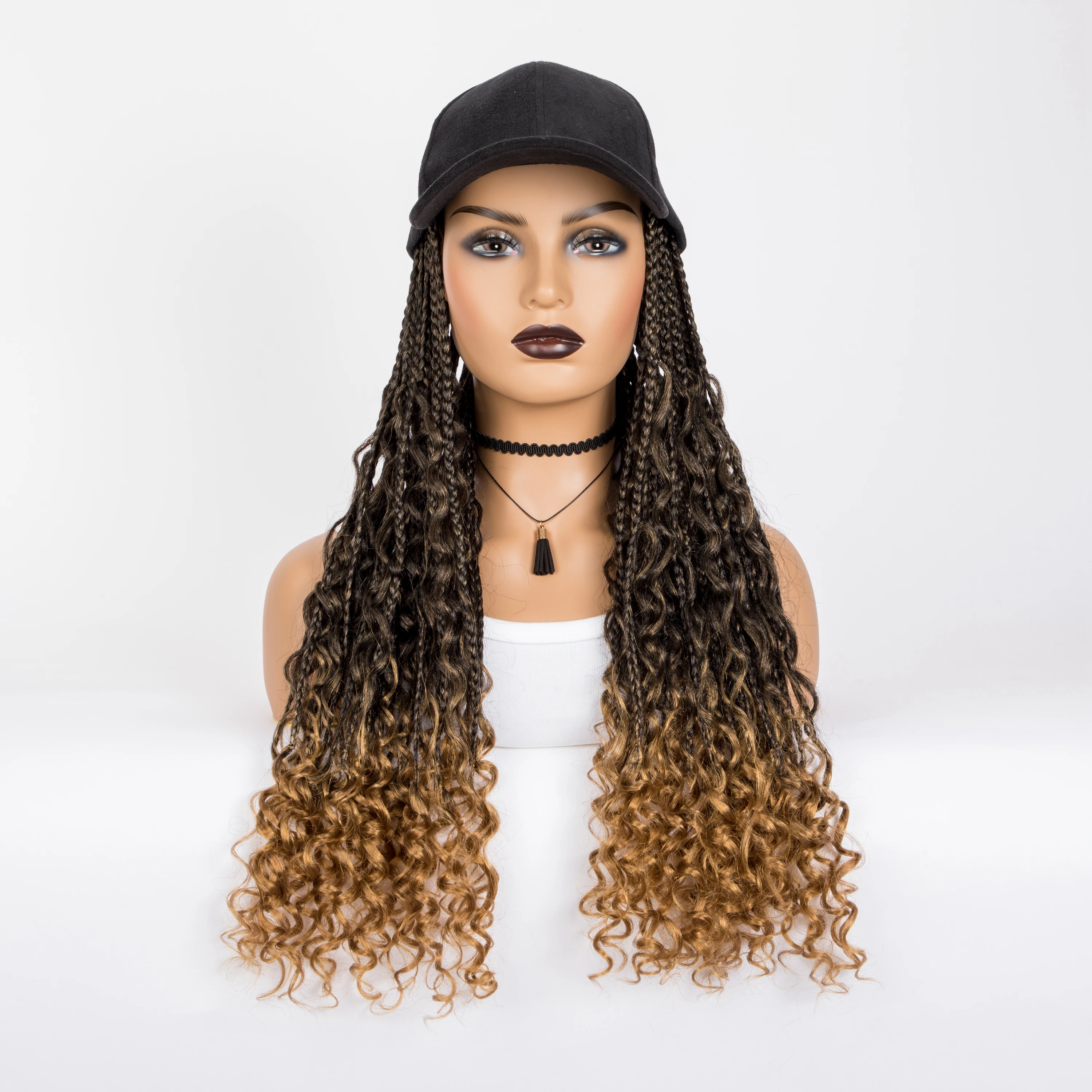 WIGERA Synthetic Long 20“ Ombre Black Blond Boho Box Braiding With Baseball Cap With Braids Hair Extensions Curly Wigs For Women