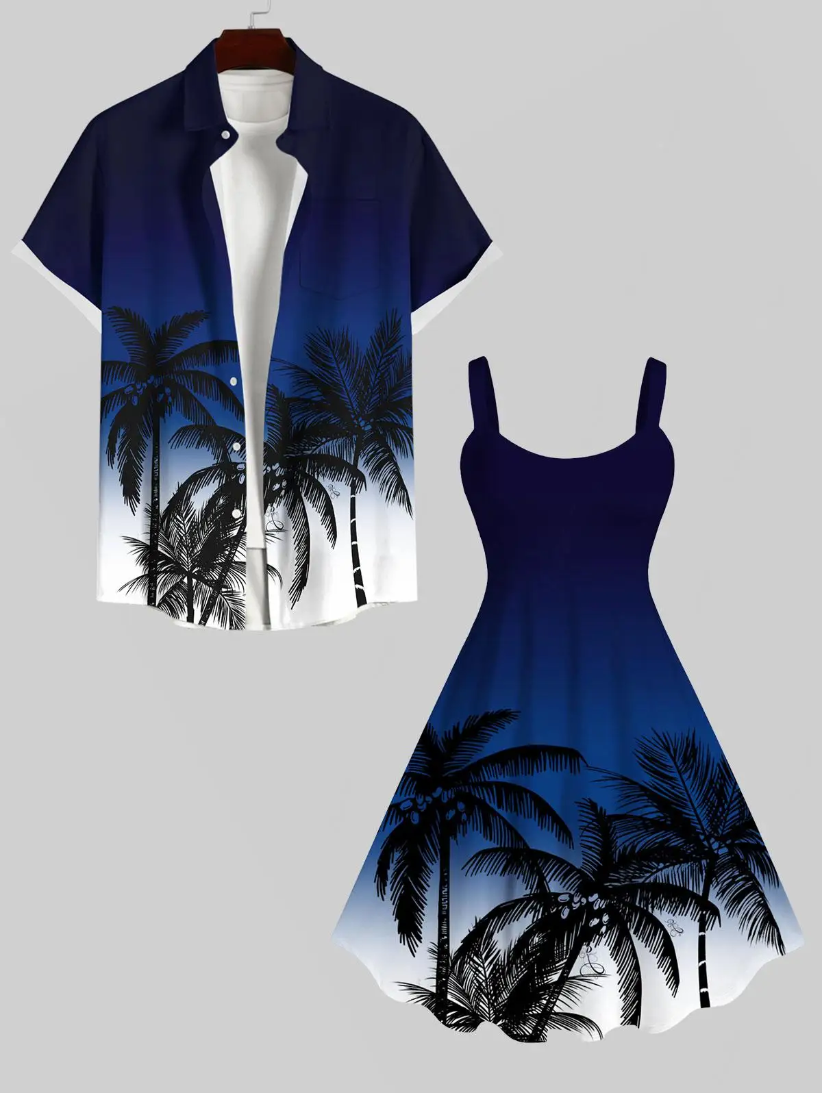 Hawaii Tank Dress and Buttons Pocket Shirt for Men, Ombre Colorblock, Coconut Tree Printed, Plus Size