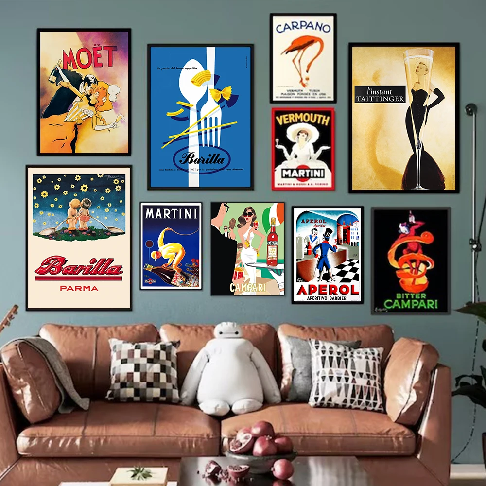 Pintura en lienzo de comida y bebida italiana Retro, Barilla, Pasta, Carpano, vermuto, póster de licor de apertura, imágenes artísticas de pared, decoración del hogar y Bar