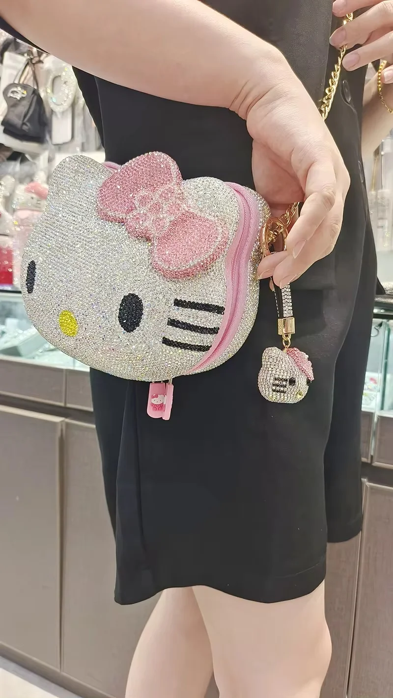 NEW Anime Hello Kitty Cartoon Shape Cartoon Full Of Diamonds Dinner Bag fashion Handmade Diamond-set Lady\'s Clutch Christmas Gif