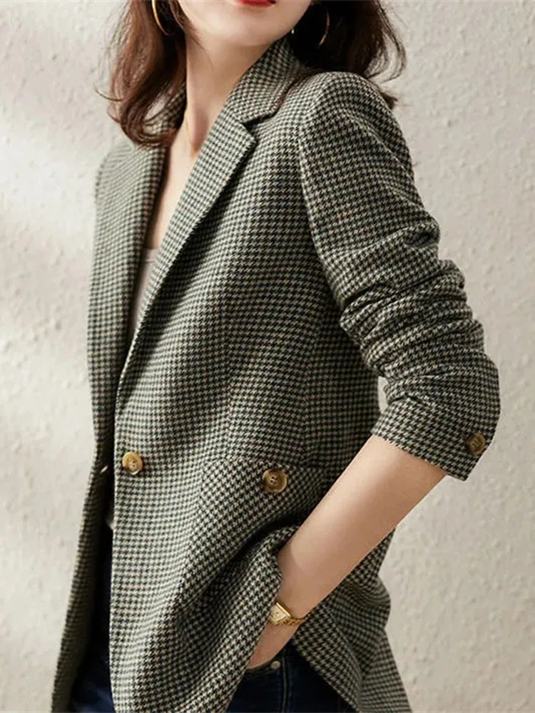 2024 New Houndstooth Suit Jacket Women Plaid Blazers Spring Autumn Casual Tops Female Coat Single Button Retro Woolen Outerwear