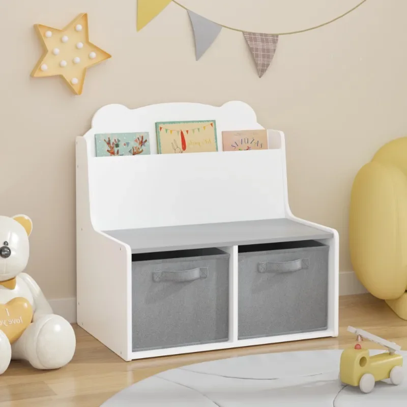 

Cute Kids Storage Bench with Book Shelf & Fabric Bins Multifunctional Children's Toy Organizer for Playroom & Bedroom Furniture
