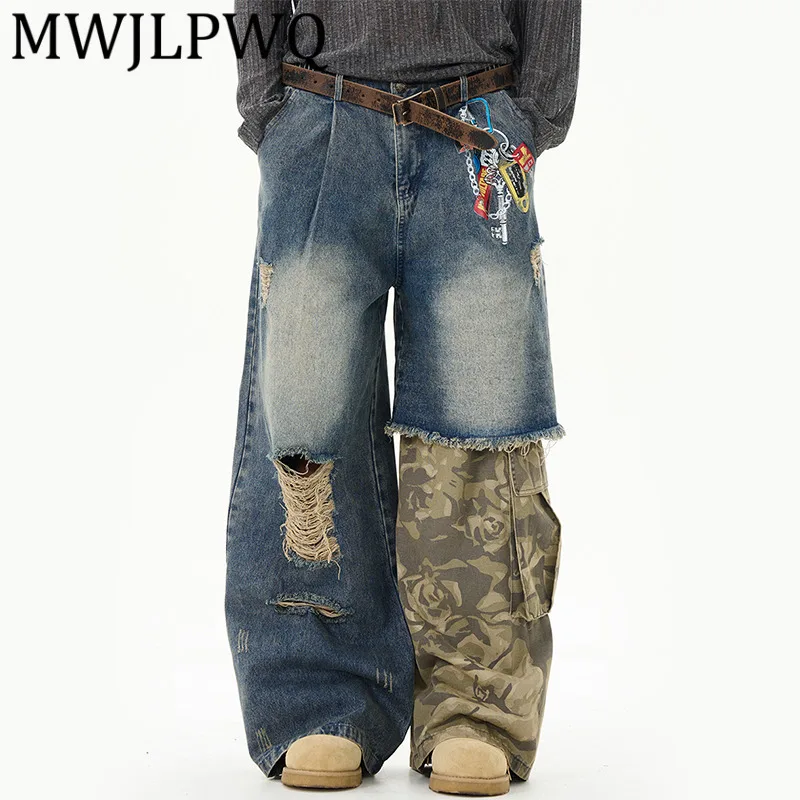 

MWJLPWQ Камуфляжные мужские джинсы с принтом High Street American Rough Edge Design Hole Y2k Niched Повседневные джинсовые брюки 11858