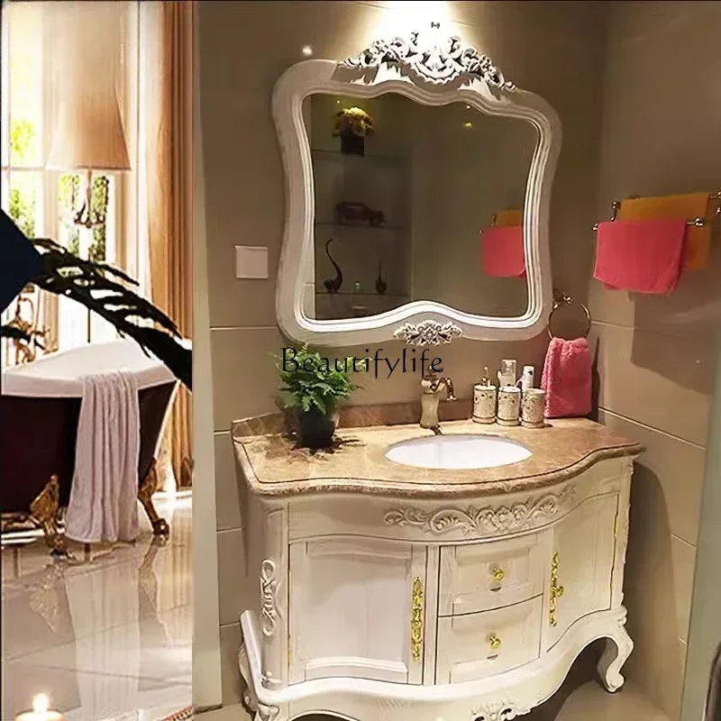 LXEuropean bathroom cabinet combination red oak hand wash basin cabinet solid wood floor bathroom marble basinSSS