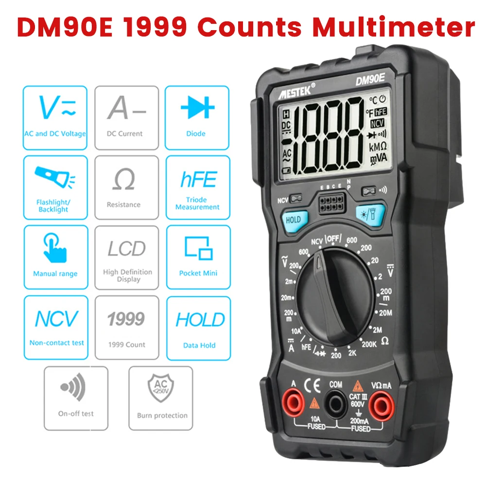 

DM90E Digital Multimeter 1999 Counts LCD Backlight AC/DC 220V Voltmeter Ammeter Ohm Tester NCV Resistance Handhold Testers