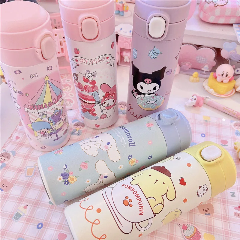 Cartoon Sanrio Thermos Cup Cute Kuromi 304 Stainless Steel Bouncing Cup HelloKitty My Melody Portable Water Bottle Student Gift