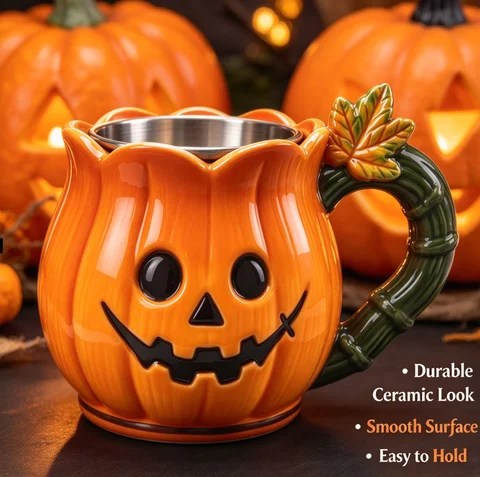 Mug Fall Halloween Pumpkin Coffee Mug with Resin Exterior And 304 Stainless Steel Liner Novelty Drink Cup for Party Table Decor And