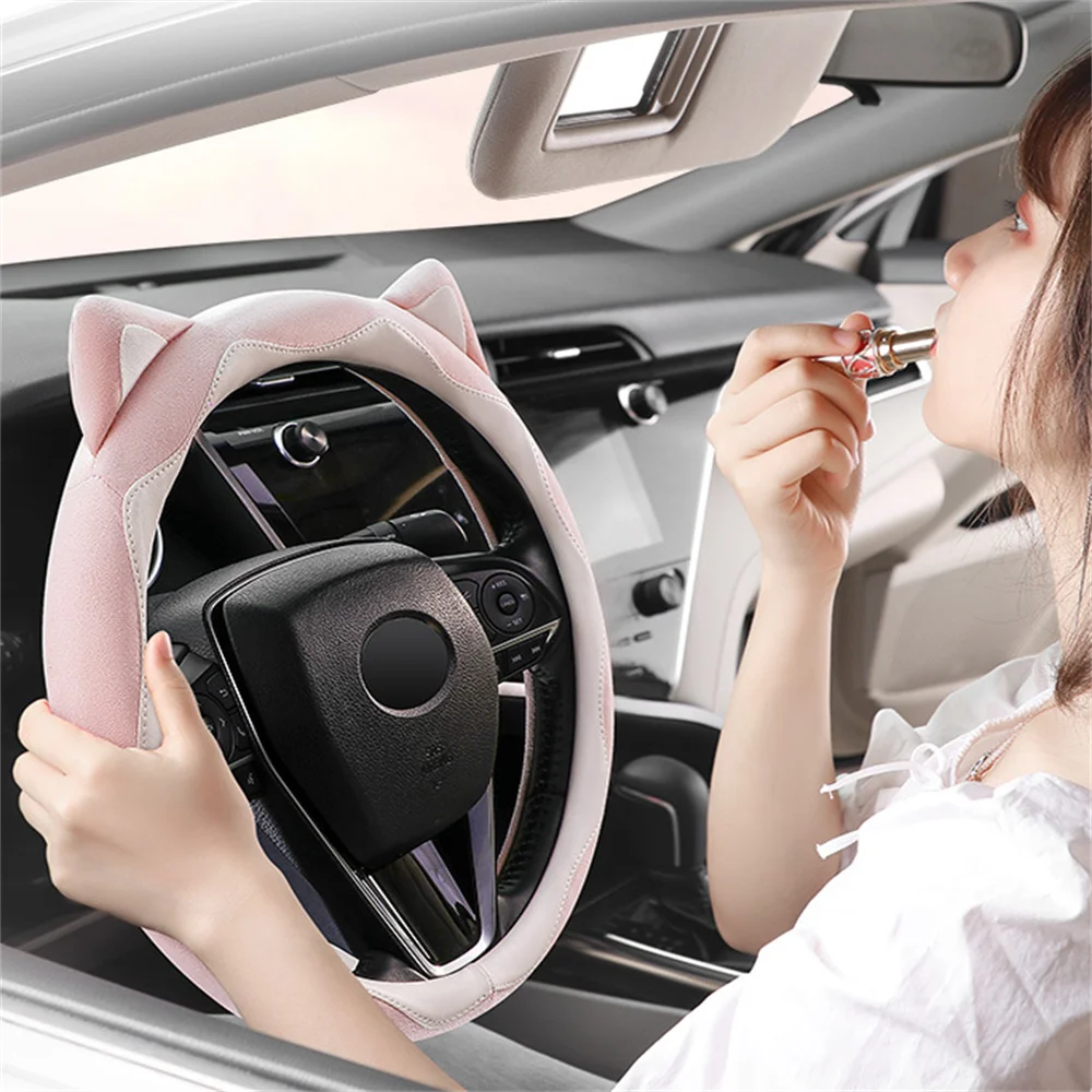 Car Steering Wheel Cover Suede And Leather Material Combination Comfortable Women's Cute Cat Original Design Suit Four Seasons