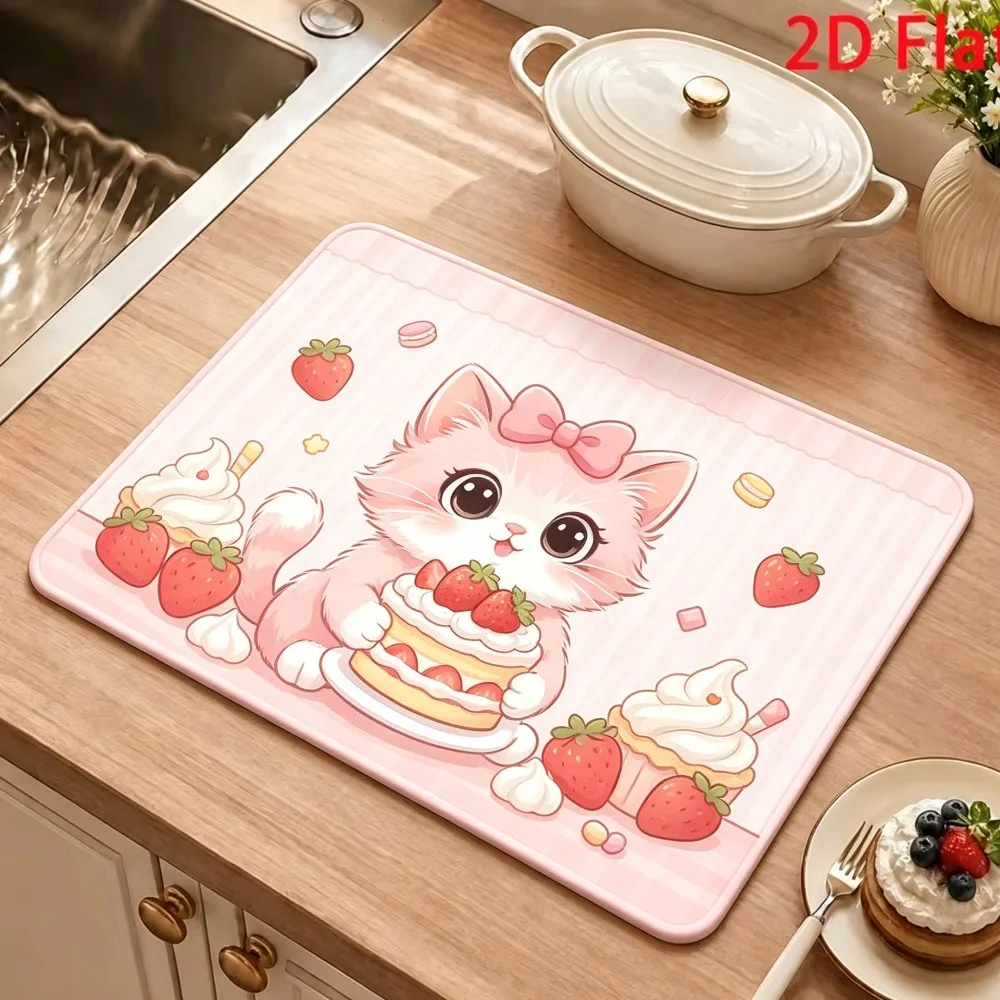 Pink Strawberry Coffee Cup Printed Kitchen Mat Super Absorbent Dish Drying Pad Non Slip Tableware Counter Protector Liner
