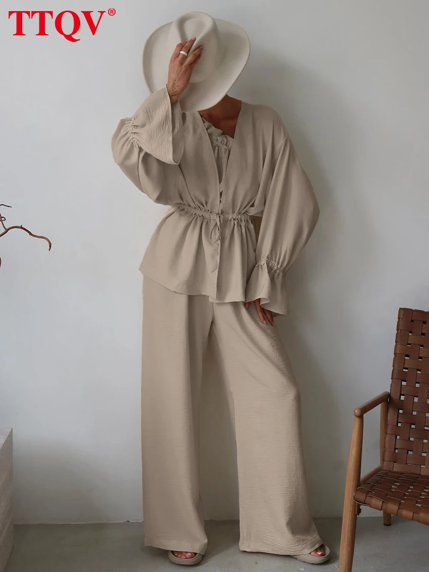 TTQV Fashion Loose Khaki Women's 3-Piece Sets 2026 Elegant Long Sleeve Blouse + Tank Top With Wide Pants Set Female Clothing