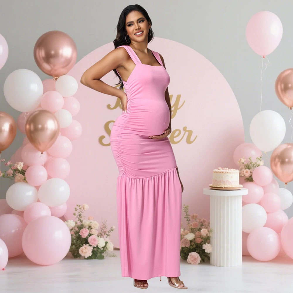 الأمومة مثير واسعة حزام بلا أكمام فساتين طويلة Bodycon Ruched Paneled سبليت ثوب لالتقاط الصور استحمام الطفل