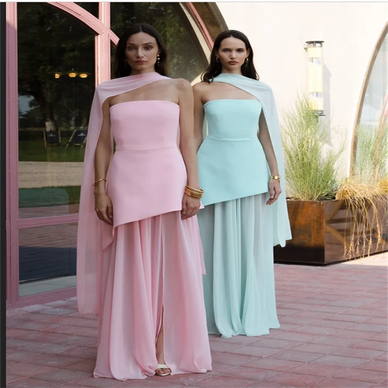 Himmelblaue A-Linie, elegante Abendkleider, langes, trägerloses Chiffon-Partykleid, bodenlang, Dubai-Fashion-Abschlussballkleider, individuell gestaltet