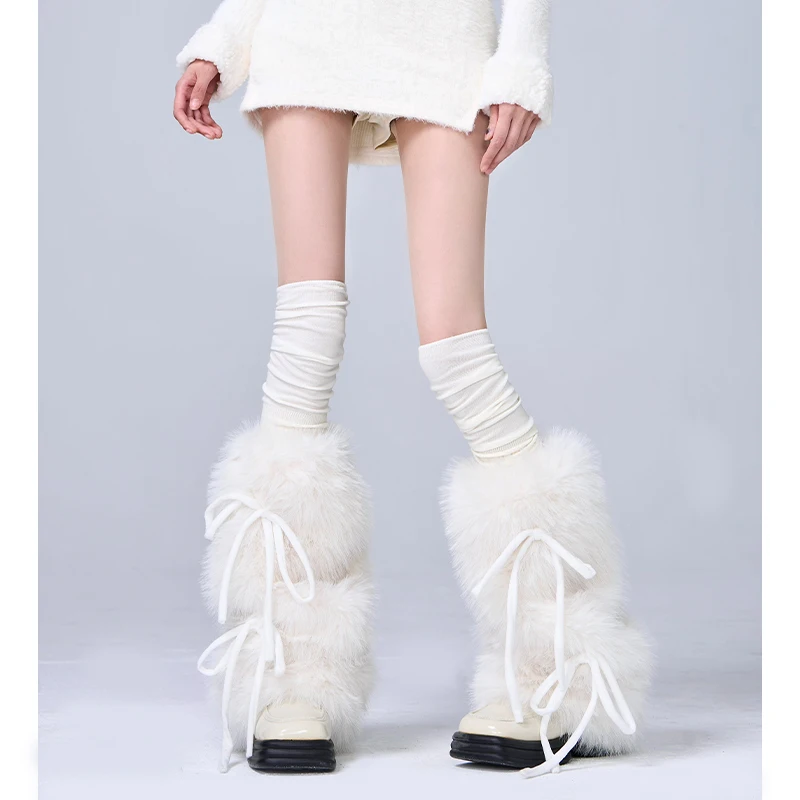 Tube Socks Women'sWhite Nylon Thickened Warm AutumnWinter Lace-up Warmer Imitation Rabbit Fur Leg Shaping Four Seasons Universal