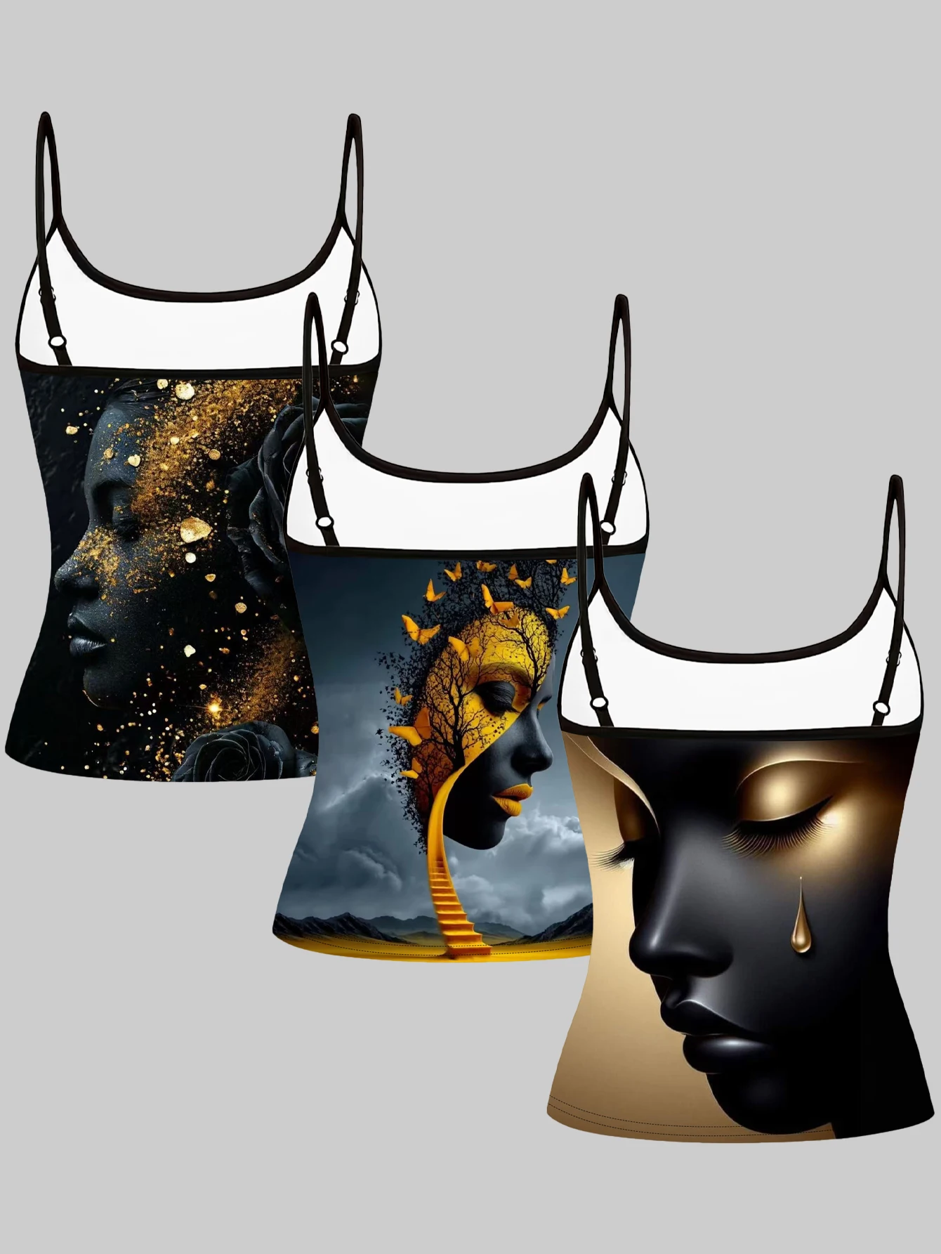 3-Piece Set of Black and Gold Artistic Portrait Print Camisoles for Women, Featuring Abstract Faces, Roses, and Butterflies, Stylish Slim-Fit Sleeveless Tops for Hot Girls