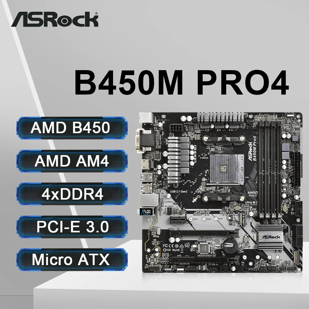 ASRock B450M PRO4 Motherboard Supports Ryzen 5 5600 5600G R7 5700X3D CPU 2xDDR4 3200+MHz (OC) NVME M.2 SATA3 AM4 Motherboard