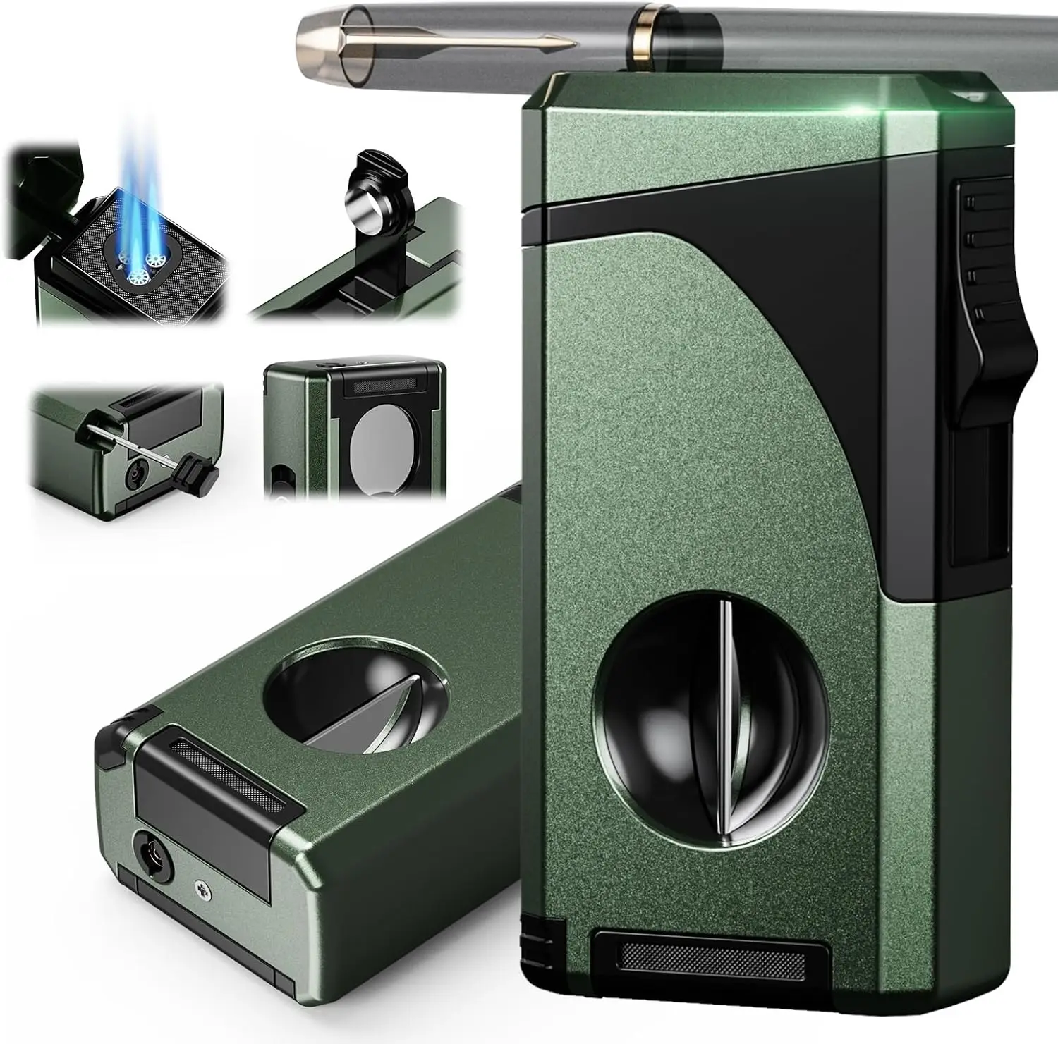 

6-in-1 Triple Torch Lighter with Holder, Punch, Cutters, Draw Enhancer Tool, Gift Box for Men