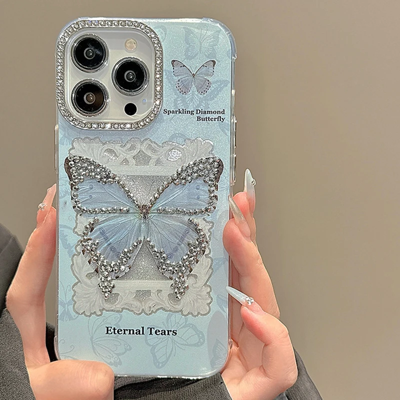 Korean Cute Glitter Diamand Butterfly Phone Case For IPhone 15 14 12 13 Pro Max 11 Gentle Japan Korea Girl Blue Shockproof Cover