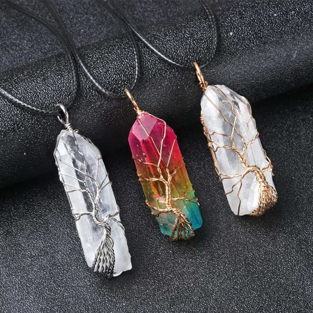 

Tree of Life Gold Wire Wrapped Crystal Pendant Necklace Reiki Healing Clear Quartz Pointed Chakra Handmade Spiritual Gifts