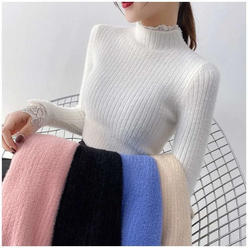 

New Half High Collar Sweaters Women Autumn Winter Long Sleeve Knitted Pullovers Female Cashmere Bottoming Jumpers Tops T252