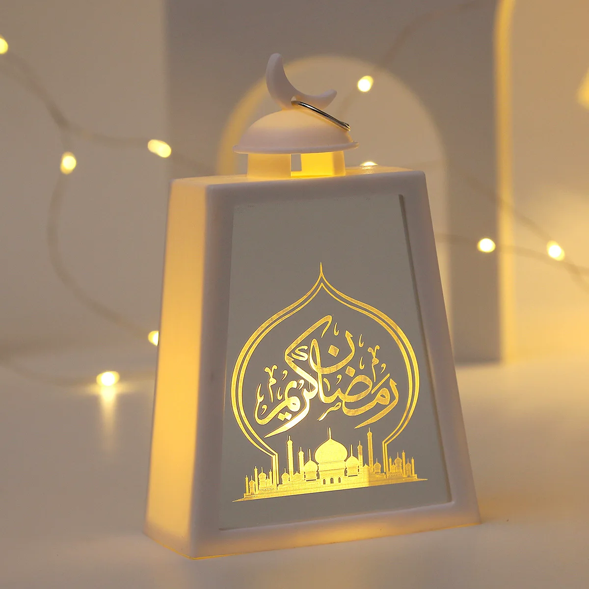 Ramadan led lanterna luzes eid mubarak presentes trapézio plástico decorações de vidro para casa mesa parede eid peças centrais decoração