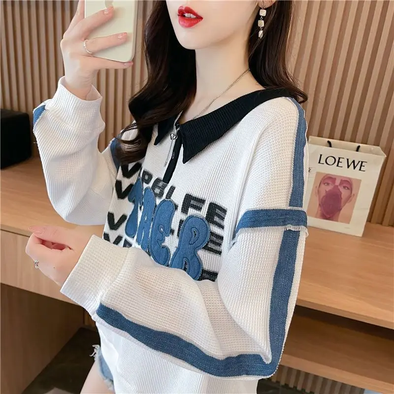 

Fashionable Polo Collar Sweatshirt Women Thin Loose Waffle Stitching Denim Top Trendy