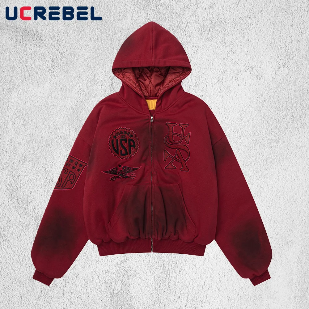 

Стеганая куртка со значком и вышивкой, мужская уличная осенне-зимняя стеганая куртка с капюшоном и потертостями, с заниженными плечами и длинными рукавами