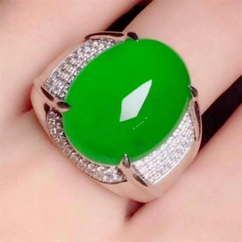 Luxury Stones Jade Egg Shaped Ring For Men Jewelry Fashion 925 Sterling Silver Ring Open Size Male Cool Finger Accessories