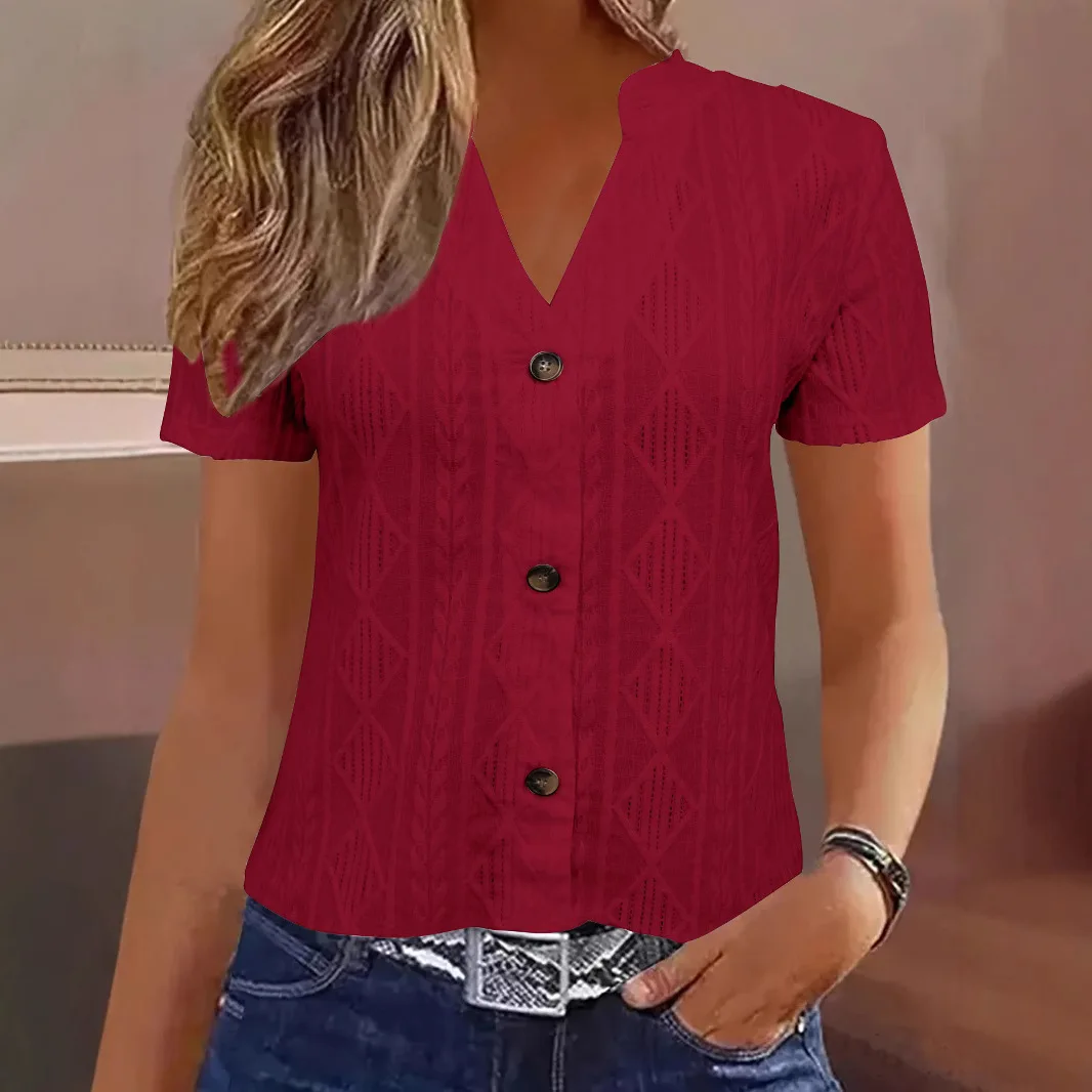 2025 여름 여성 패션 블라우스, 여성용 캐주얼 단색 버튼 V넥 반팔 루즈핏 셔츠