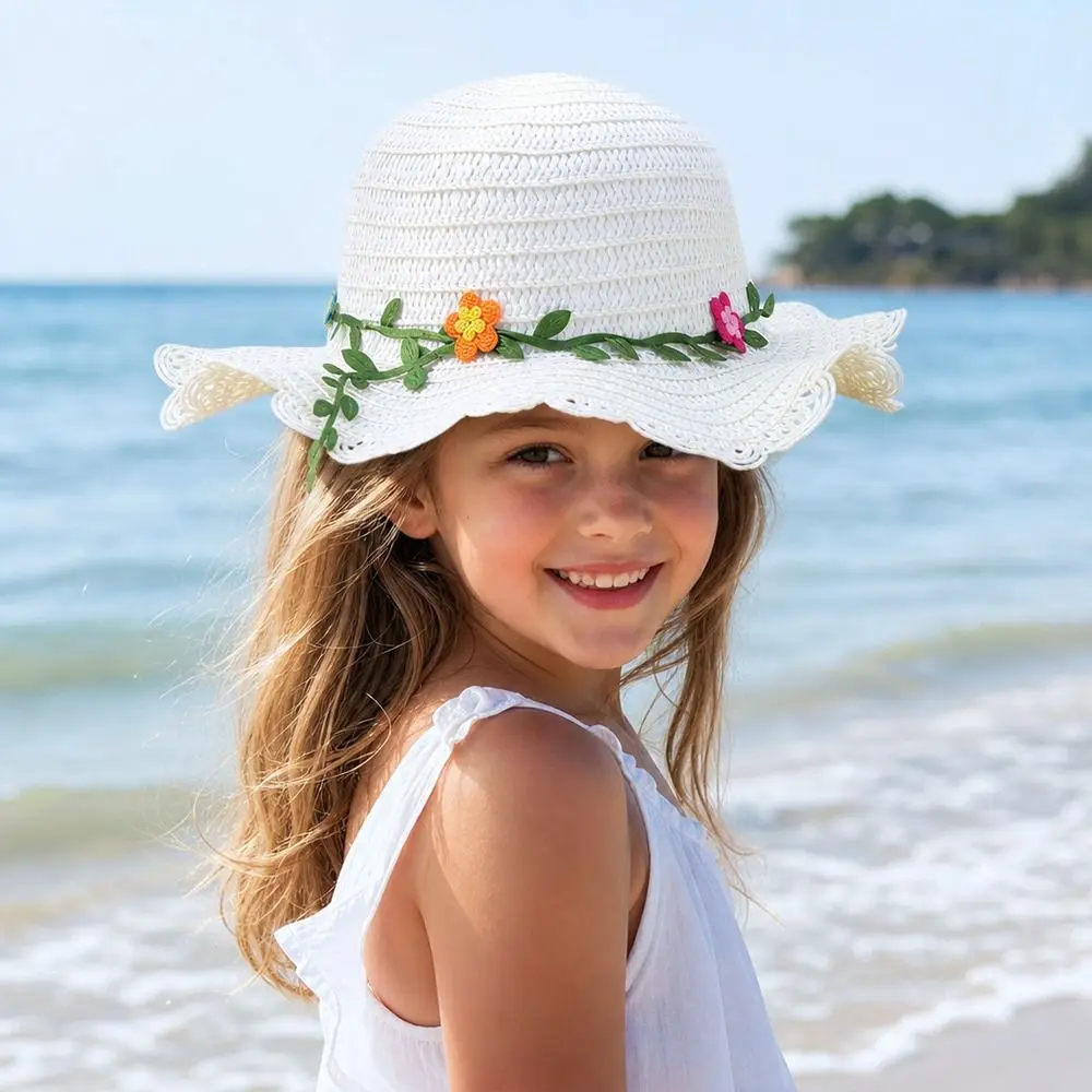 Sweet Handmade Straw Hat Wide Brim 3-7Year Sun Hat Flower Decoration Sun Visor Travel