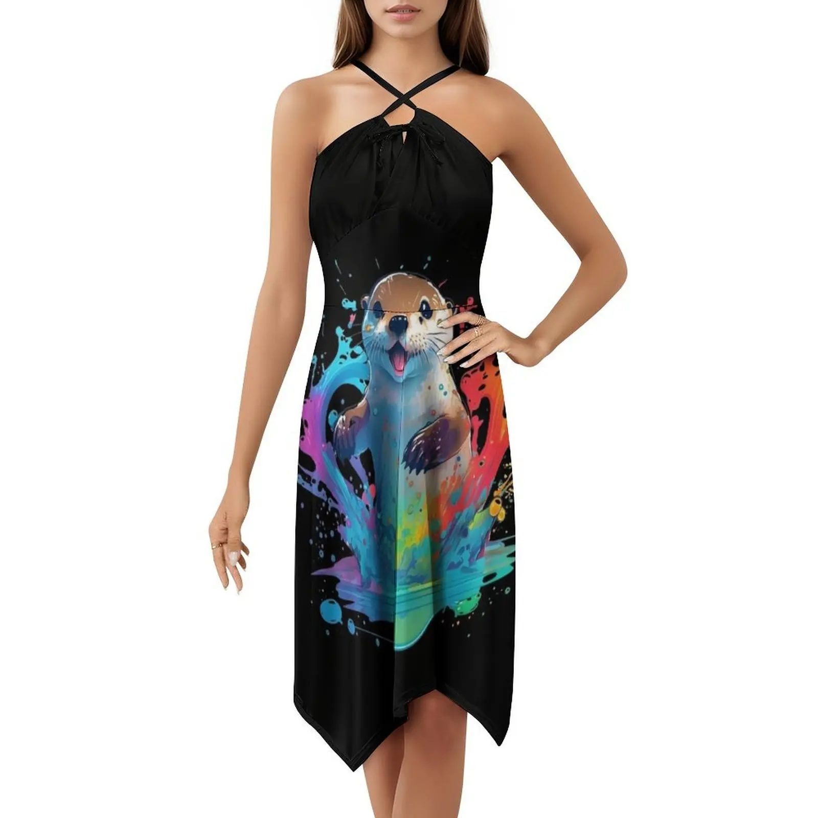 فستان بوهيمي بدون أكمام مطبوع عليه قضاعة سعيدة للنساء، فساتين حفلات الشاطئ المطبوعة، لعبة قضاعة سعيدة مع