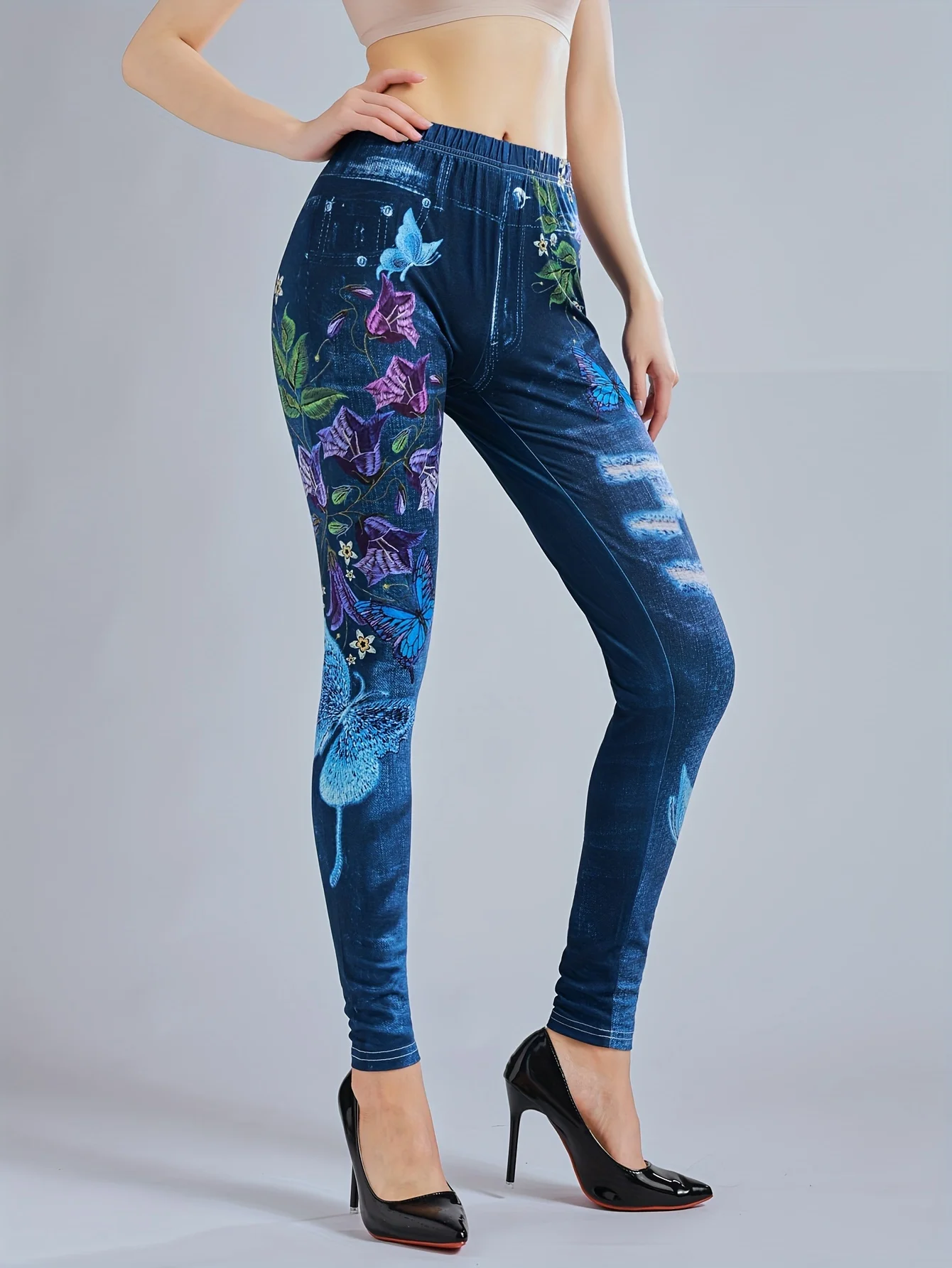 Leggings women\'s imitation denim floral printed long pants with slim fit high elasticity and high waist for casual wear