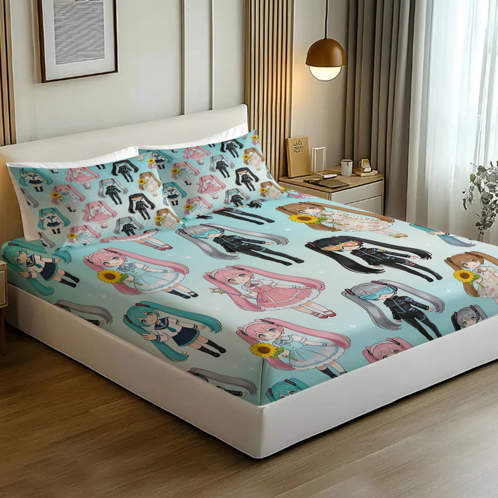 3-teiliges Hatsune Miku Chibi-Style Spannbettlaken-Set, Niedliche Anime-Bettwäsche mit Kissenbezügen, Tiefe Taschen, Teenager-Zimmer-Deko, Geschenk für Fans – Detail 13