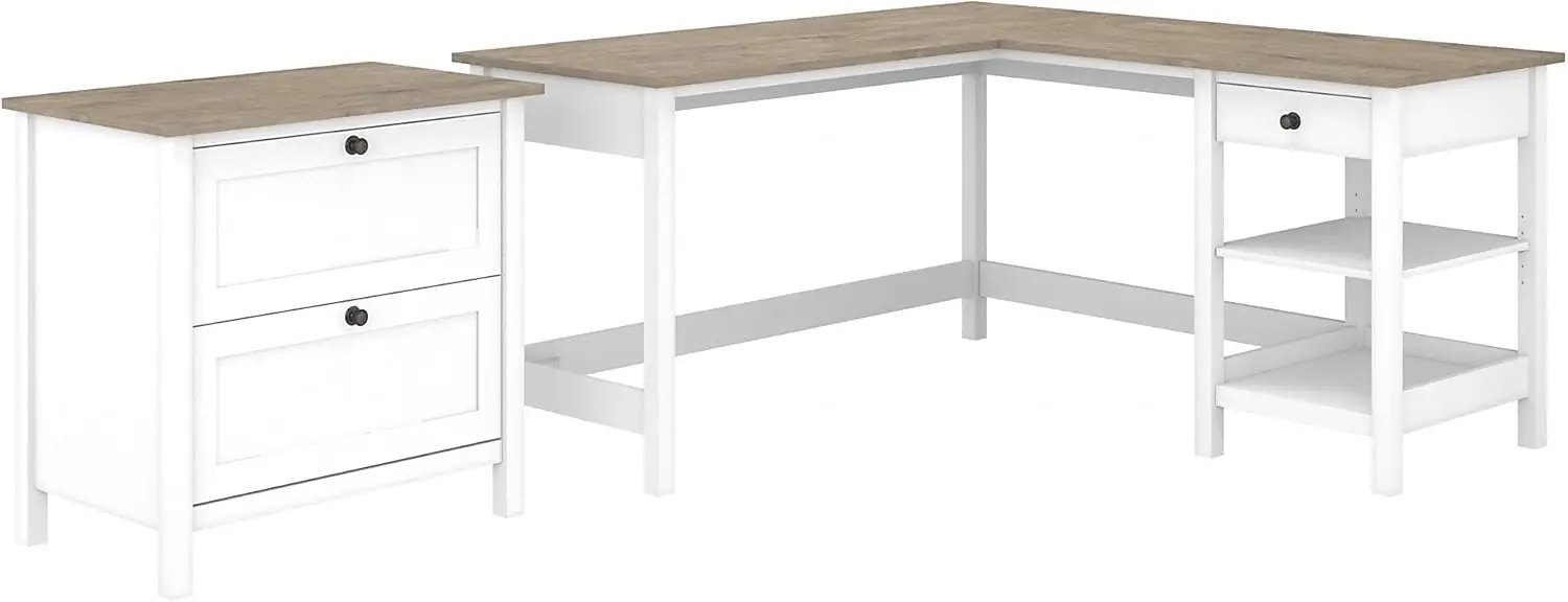 Bush Furniture Mayfield L Shaped Computer Desk With 2 Drawer Lateral File Cabinet, 60W, Pure White And Shiplap Gray