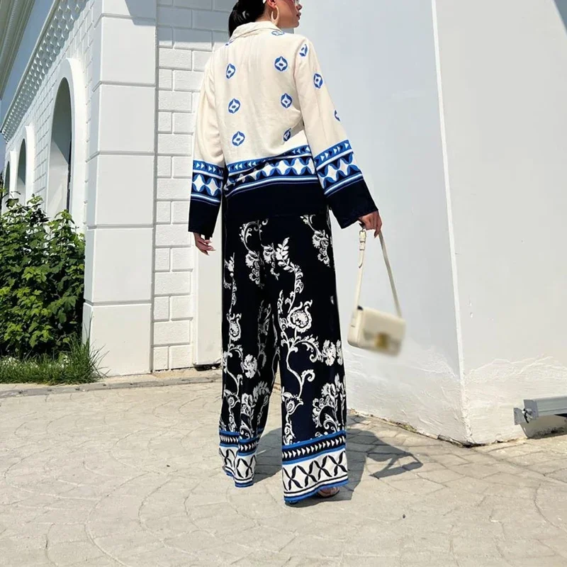 Casual Fashion Print Loose Lapel Shirt Wide Leg Long Pants Suit Spring Autumn Women Two-piece Set Leisure Ladies Blouse Outfits