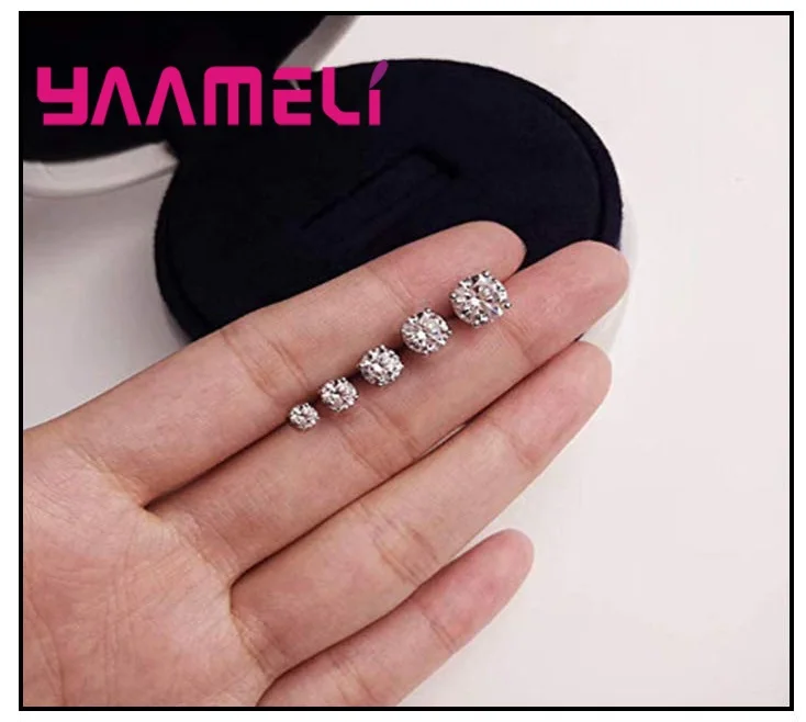 Shining Men Women 925 Sterling Silver Cubic Zircon Stud Earrings Four Claws Prong Setting Ear Jewelry 4mm/5mm/6mm/7mm/8mm