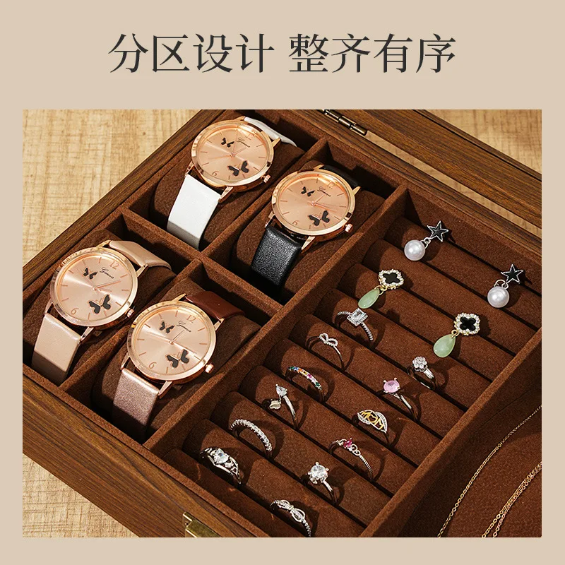 

Черный орех под дерево, часы, шкатулка для драгоценностей, ретро ожерелье, браслет, серьги, ювелирные изделия, деревянная коробка для хранения