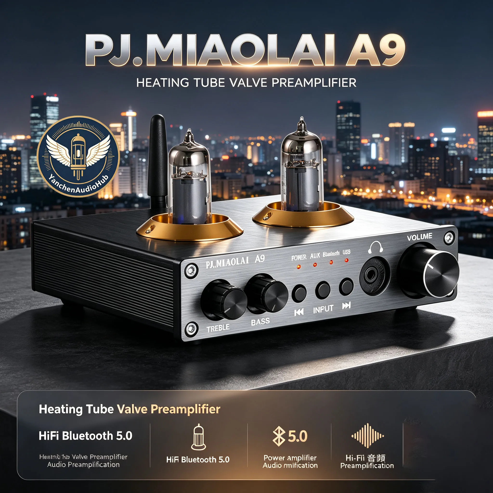 PJ.MIAOLAI-A9 Fever Electronic Tube Gallbladder Front HiFi Bluetooth 5.0 Amplifier Audio Preamplifier Tone U Disk Lossless Decod