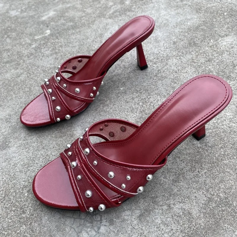 

Retro Rivet Design Heeled Slippers Women Summer Sexy Mesh Gauze Breathable Round Toe High Heels Sandals Fashion Dress Heels
