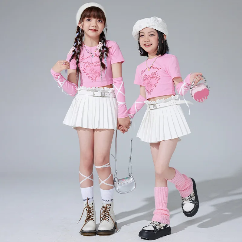 

Girls Jazz Dance Costumes Kids Cheerleading Performance Practice Clothes Pink Navel Tops White Skirt Kpop Hip Hop Dance Outfits