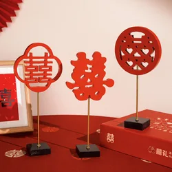 Red Chinese Word XI Wood Crafts Model Decor, Double Happiness for Wedding or Festival, Hm Furnishing Articles Decor