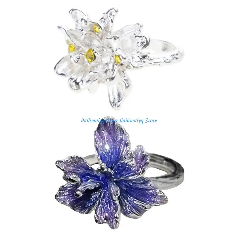 573B Delicate Blue Enamel Art Rings Comfortable Alloy Craft for Daily Wear Versatile Stackable Fashion Accessory