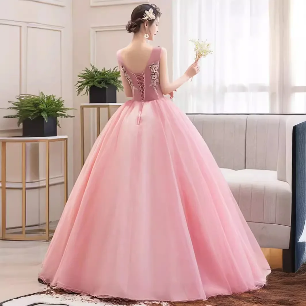 Gaun Prom Leher V Applique Renda 3D Gaun Pesta Gaun Pesta Malam Formal Murah Merah Muda Vestidos De 15 Quinceañera Robes De Soirée