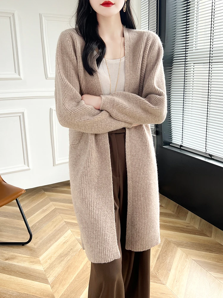 

Chic Women's Long Cardigan 100% Merino Wool Knitwear Sweater Cashmere Solid Simple Striped Coat Autumn Winter Comfort Loose Tops