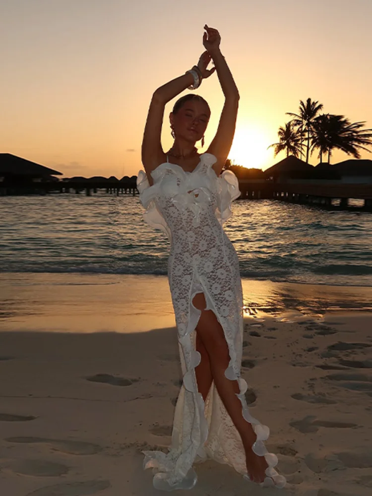 Chic Knit Hollow Out Maxi Dress Ruffles Edge Off Shoulder Party Long Robes Side Hem High Fork Club Vestidos 2025 Women Vestidos