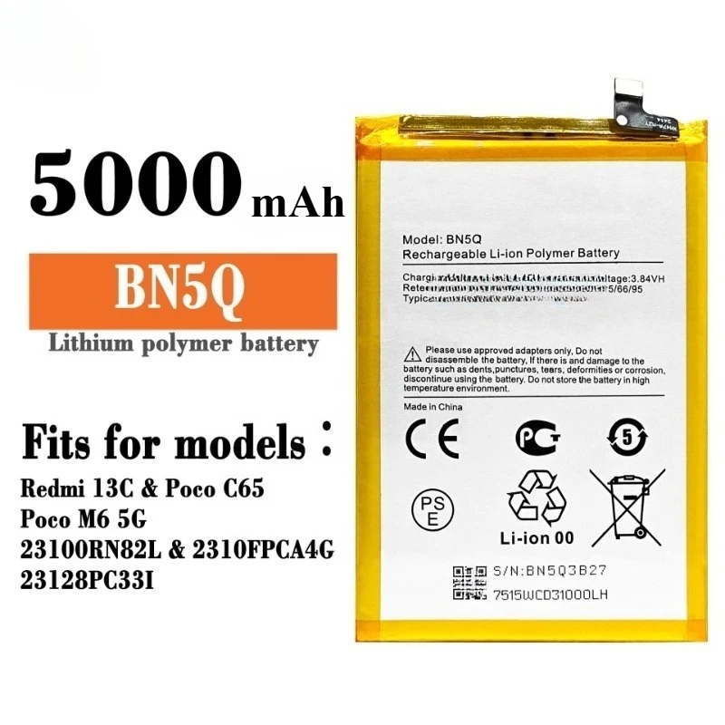 5000mAh BN5Q Battery for Xiaomi Redmi 13C Redmi Poco C65/poco M6 5G High Quality Replacement Mobile Phone Batteries  Bateria