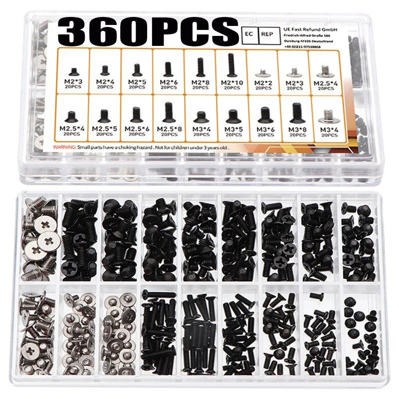 

360pcs M2 M2.5 M3 Notebook Screws Black/Silvery Notebook Screws Kit Flat Head Screws with Screwdriver for Dell Sony IBM HP