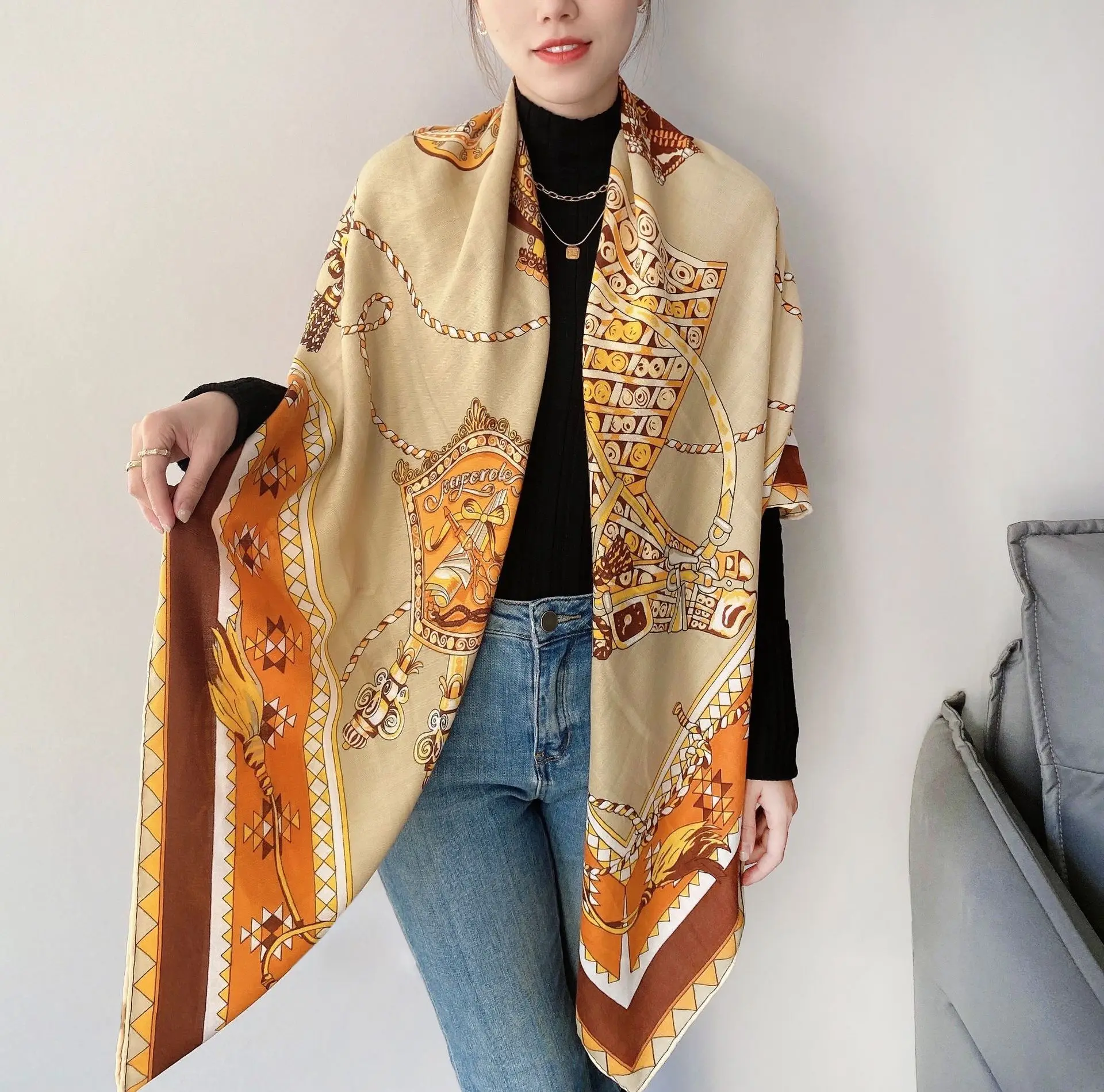 

Brand Large Winter Scarf Giant hems Cashmere Scarves Wraps Women Carriage Print Warm Cape Stole Blanket 130