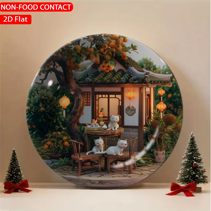 1pc Asian Style Ceramic Plate with Orange Tree - Green Non-Food Contact Plate Suitable for Home Desk Decor, Table Centerpiece,