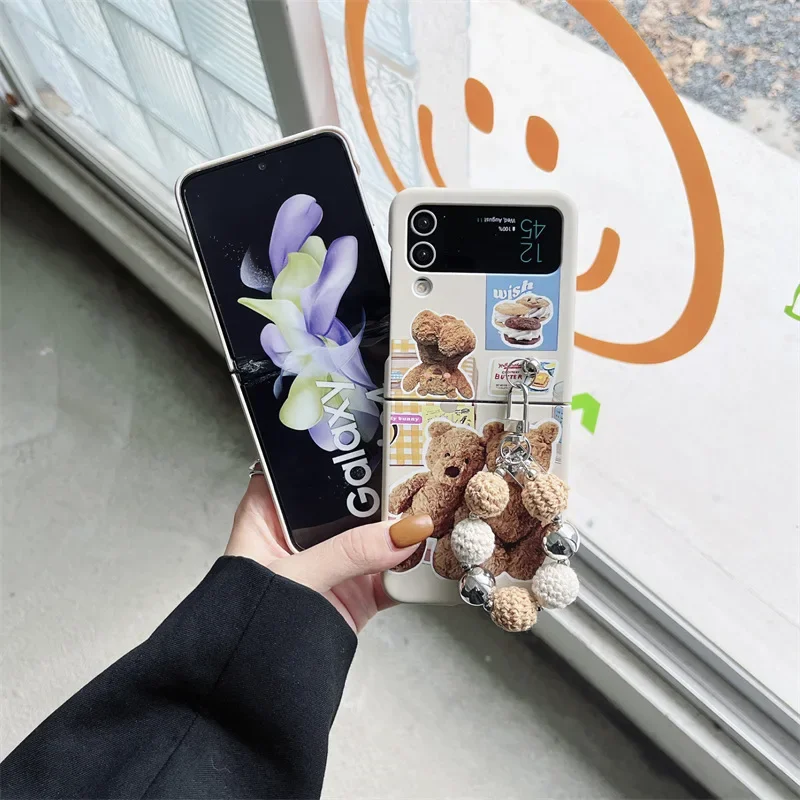 곰 인형 체인 휴대폰 케이스, 삼성 갤럭시 Z 플립 6 5 4 3 용 보호 후면 커버, ZFlip4 ZFlip5 ZFlip6 케이스 쉘