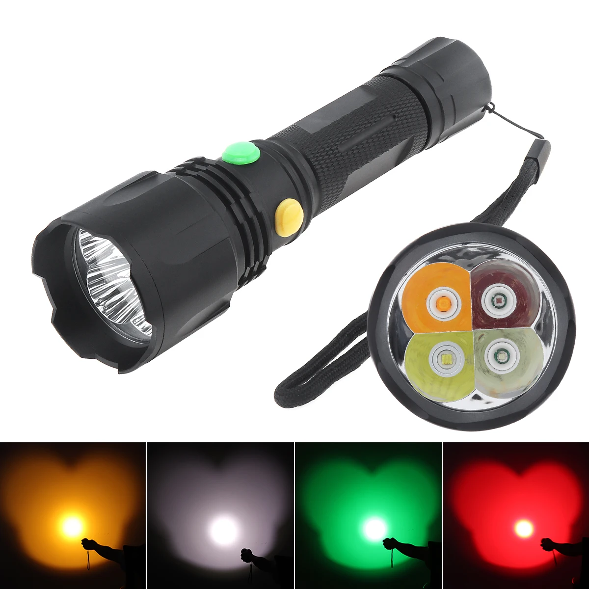 10W 1000LM Torch 4 Colors White / Red / Green / Yellow LED Tactical Flashlight for Camping/Hiking/Hunting with Rechargeable